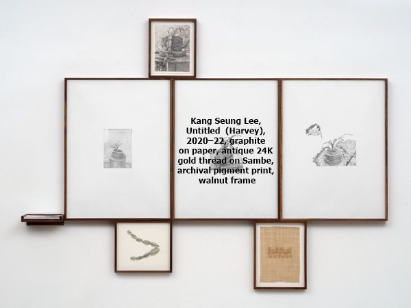 Kang Seung Lee, Untitled (Harvey), 2020–22, graphite on paper, antique 24K gold thread on Sambe, archival pigment print, walnut frame