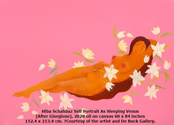 Hiba Schahbaz Self Portrait As Sleeping Venus (After Giorgione), 2020 oil on canvas 60 x 84 inches 152.4 x 213.4 cm. ​Courtesy of the artist and De Buck Gallery. 