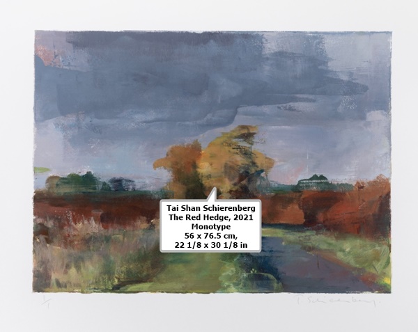 click to enlarge- double click to reduce Tai Shan Schierenberg
The Red Hedge, 2021
Monotype
56 x 76.5 cm, 22 1/8 x 30 1/8 in