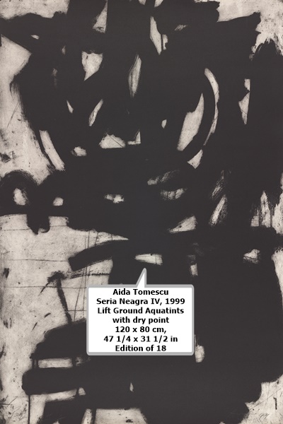 click to enlarge- double click to reduce Aida Tomescu
Seria Neagra IV, 1999
Lift Ground Aquatints with dry point
120 x 80 cm, 47 1/4 x 31 1/2 in
Edition of 18