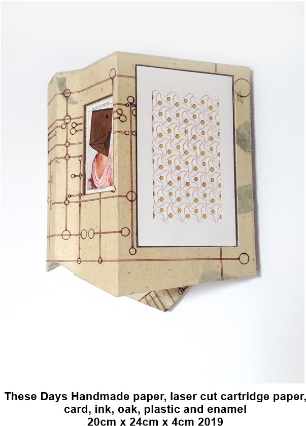 These Days
Handmade paper, laser cut cartridge paper, card, ink, oak, plastic and enamel
20cm x 24cm x 4cm
2019