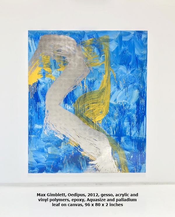 Max Gimblett, Oedipus, 2012, gesso, acrylic and vinyl polymers, epoxy, Aquasize and palladium leaf on canvas, 96 x 80 x 2 inches
 
