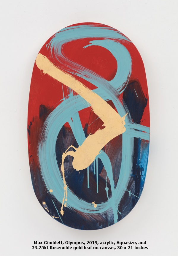 Max Gimblett, Olympus, 2019, acrylic, Aquasize, and 23.75kt Rosenoble gold leaf on canvas, 30 x 21 inches

