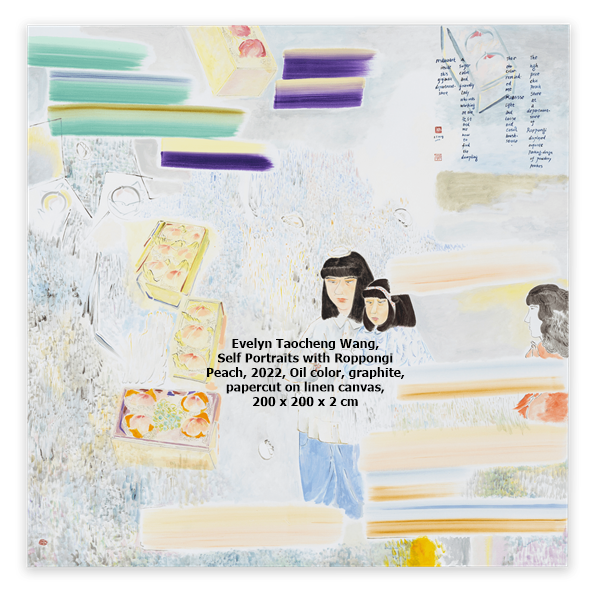 Evelyn Taocheng Wang, Self Portraits with Roppongi Peach, 2022, Oil color, graphite, papercut on linen canvas, 200 x 200 x 2 cm