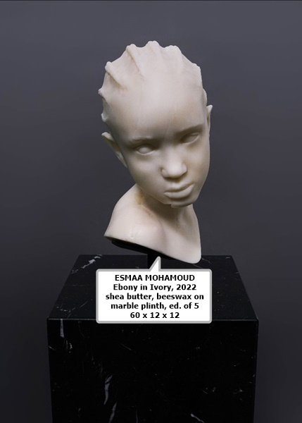 click to enlarge- double click to reduce ESMAA MOHAMOUD
Ebony in Ivory, 2022
shea butter, beeswax on marble plinth, ed. of 5
60 x 12 x 12