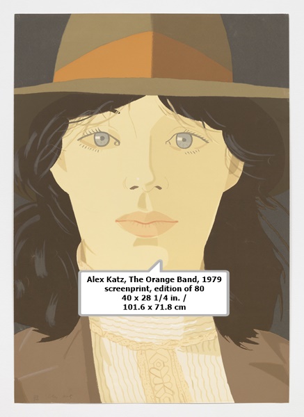 click to enlarge- double click to reduce Alex Katz, The Orange Band, 1979
screenprint, edition of 80
40 x 28 1/4 in. / 101.6 x 71.8 cm