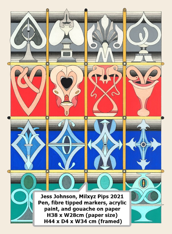 Jess Johnson, Milxyz Pips
2021
Pen, fibre tipped markers, acrylic paint, and gouache on paper
H38 x W28cm (paper size) H44 x D4 x W34 cm (framed)