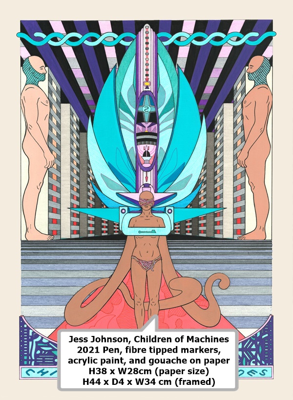 Jess Johnson, Children of Machines
2021
Pen, fibre tipped markers, acrylic paint, and gouache on paper
H38 x W28cm (paper size) H44 x D4 x W34 cm (framed)