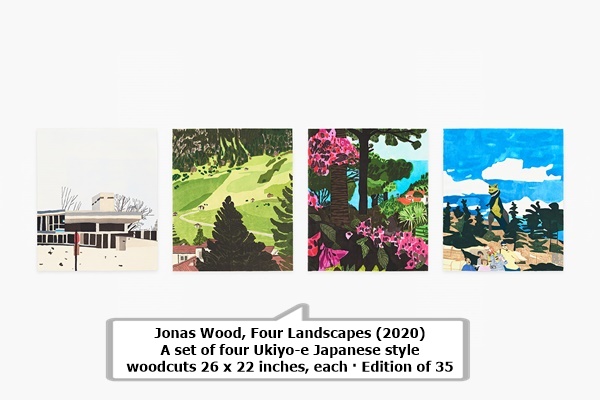Jonas Wood
Four Landscapes (2020)
A set of four Ukiyo-e Japanese style woodcuts
26 x 22 inches, each · Edition of 35