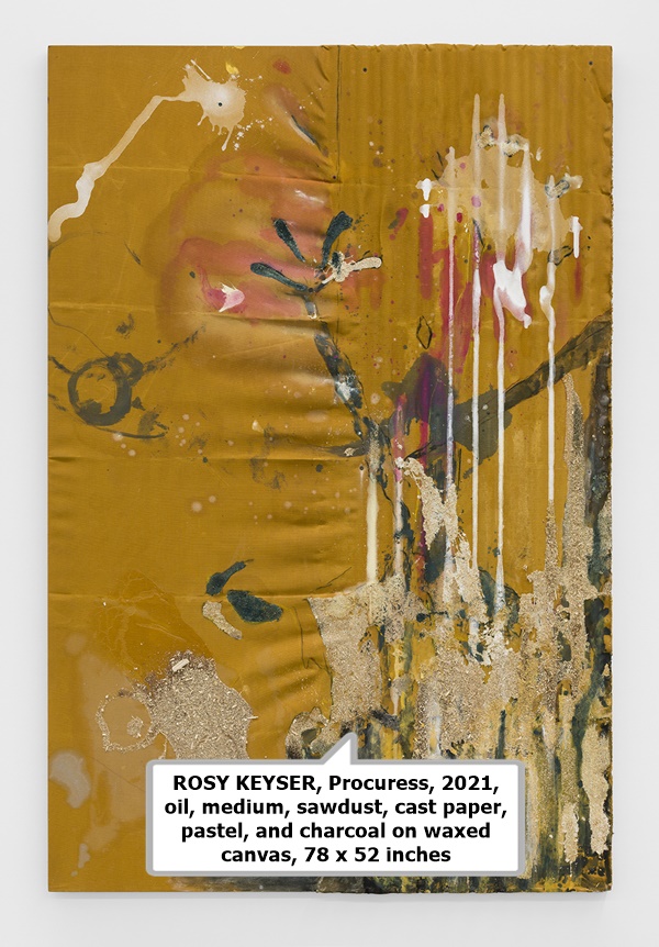 ROSY KEYSER, Procuress, 2021, oil, medium, sawdust, cast paper, pastel, and charcoal on waxed canvas, 78 x 52 inches