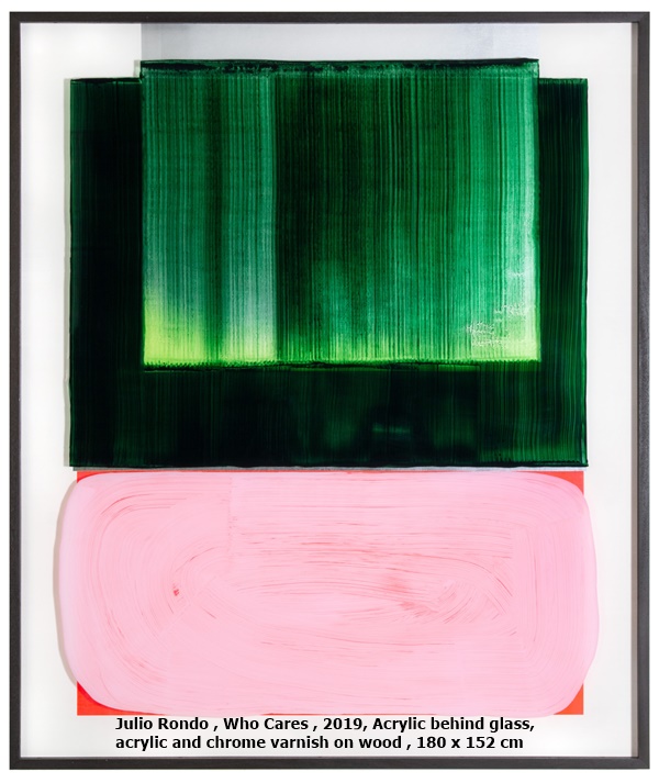 Julio Rondo 胡里奥·朗多, Who Cares 无人关心, 2019, Acrylic behind glass, acrylic and chrome varnish on wood
玻璃背面丙烯，木板上丙烯及漆, 180 x 152 cm