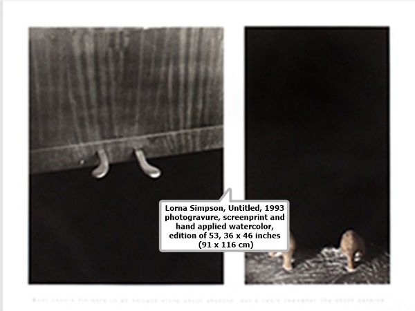 click to enlarge- double click to reduce Lorna Simpson, Untitled, 1993 photogravure, screenprint and hand applied watercolor, edition of 53, 36 x 46 inches (91 x 116 cm)